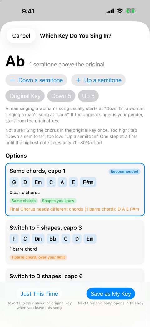 Sing in your key: it suggests shapes and a capo