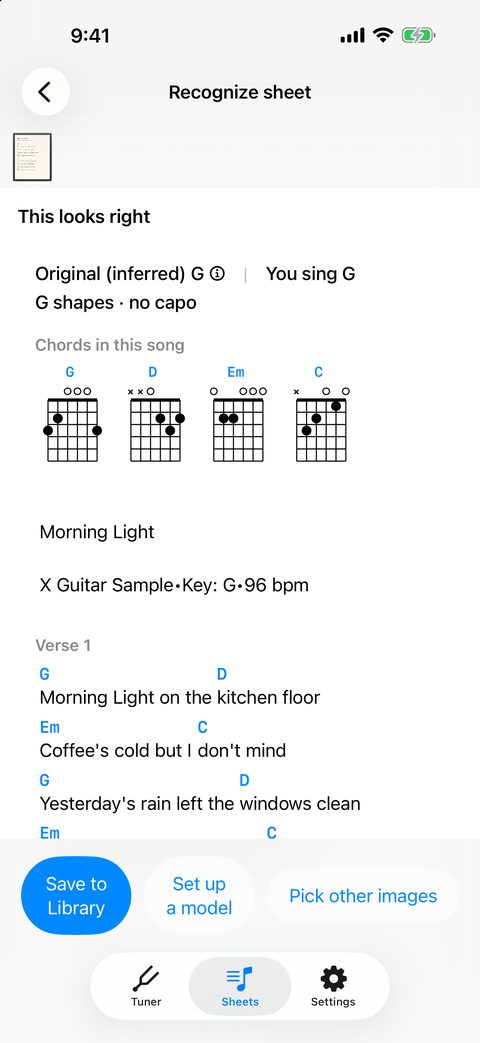 Reads a photo of a chord sheet on your device