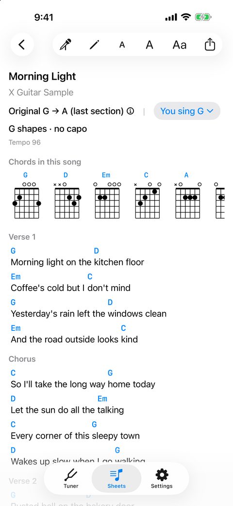 Chords above the words, diagrams for every shape
